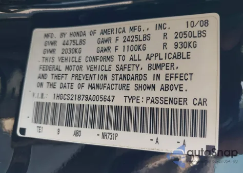 2009 Honda Accord 3.5 Ex-L from USA, damaged, VIN 1HGCS21879A005647
